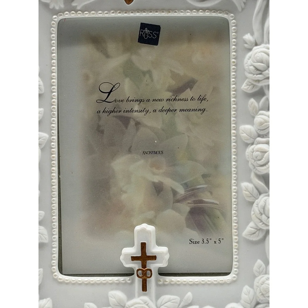 Vintage Russ Berrie White Porcelain Wedding Frame Roses Doves Cross 3.5x5 14389